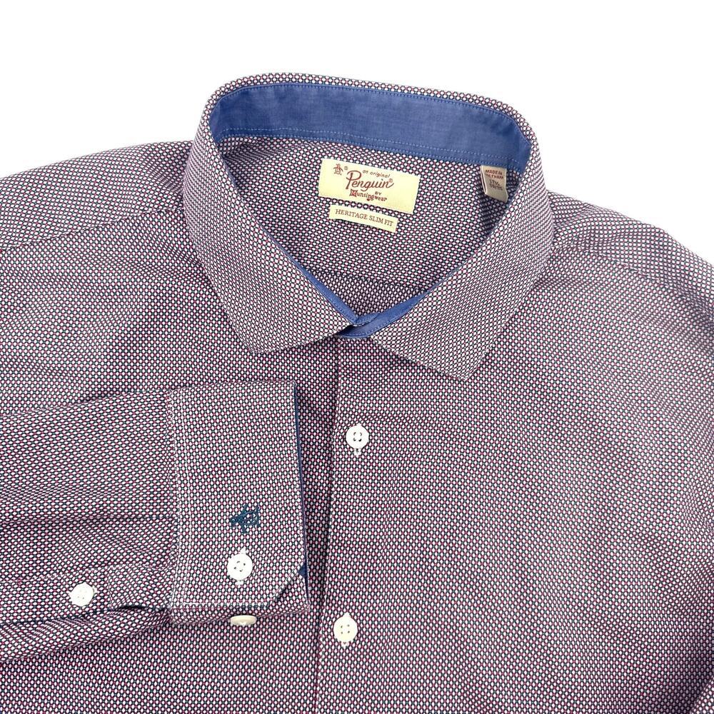 Penguin by Munsingwear Heritage Slim Fit Button Up Red Blue Shirt-Mens XL 17.5"